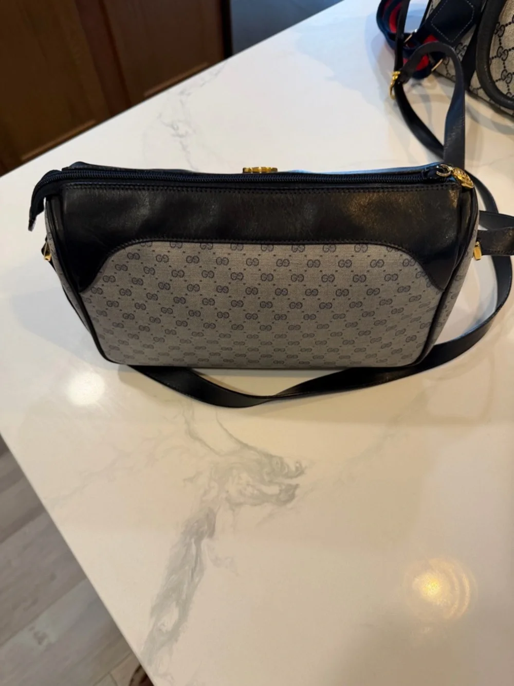 Gucci Blue Leather and Beige/Gray GG Monogram Shoulder Bag - Picture 4 of 14